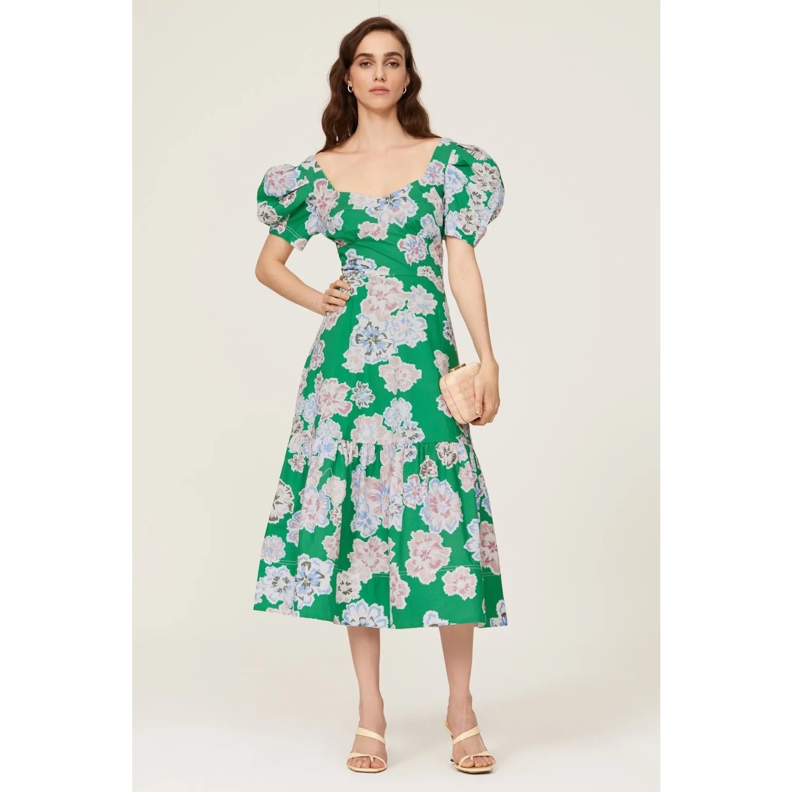 Tanya Taylor Danielle Green Floral Puff Sleeve A-Line Midi Dress Size 6 Nwt